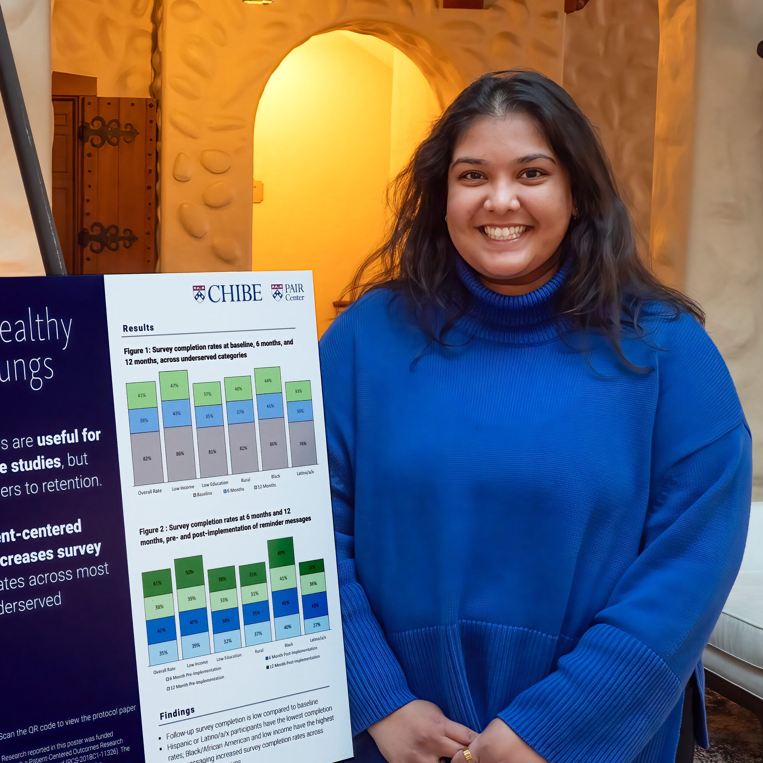 Staff Nirali Patel standing next to a poster on the Healthy Lungs program at the Roybal Retreat 2023 Poster Session.