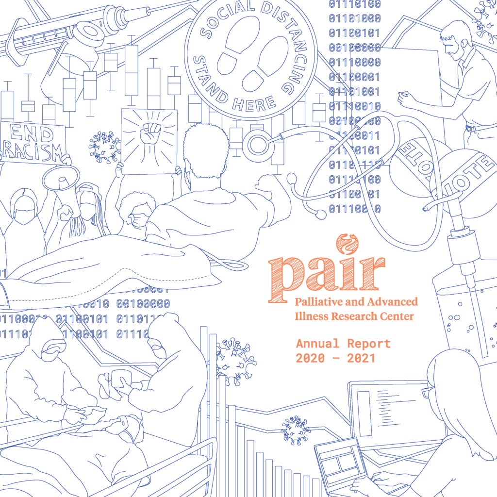 Cover art for the PAIR Center 2020-21 Annual Report featuring a blue line art collage of people protesting, and covid-19 and medical research artifacts