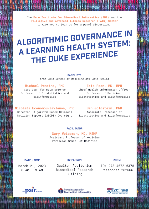 Flyer for panel discussion "Algorithmic Governance in a Learning Health System: The Duke Experience"