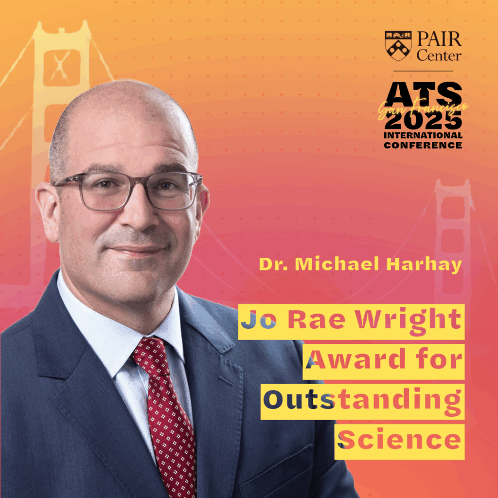 Orange and yellow graphic with headshot of Michael Harhay, the PAIR Center's logo and ATS 2025 logo, and the words "Jo Rae Wright Award for Outstanding Science."