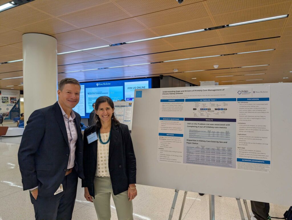 Photo of Kit Delgado and Renee Betancourt standing next to Renee's poster: "Understanding Gaps and Drivers of Primary Care Management of Chronic Kidney Disease."
