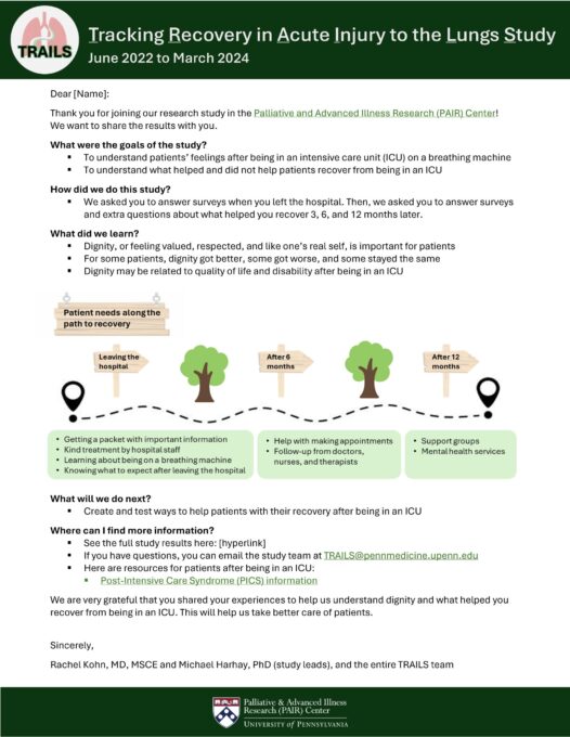 1-page letter with summary of study findings, proposed next steps, and resources for PICS.