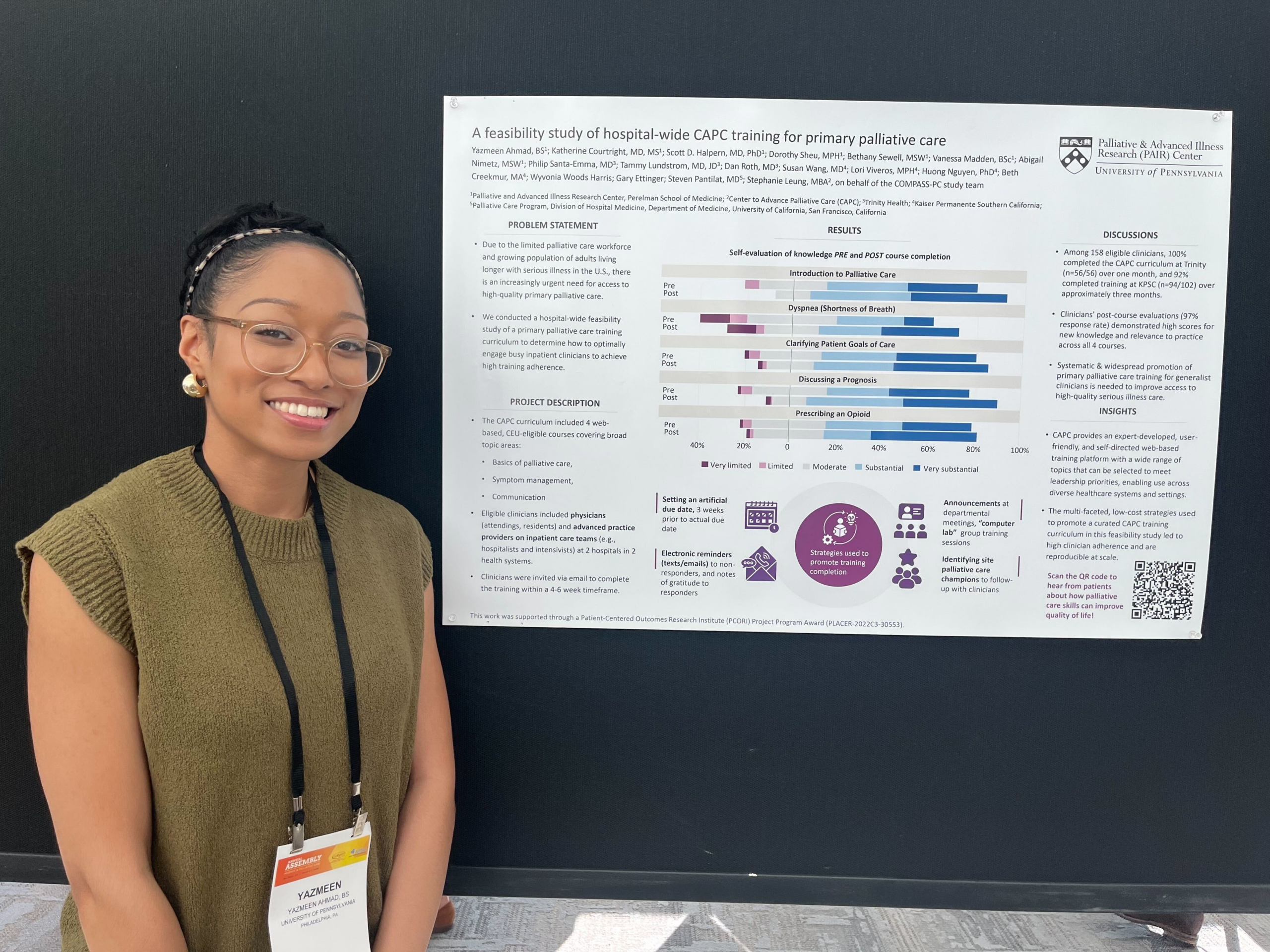 Yazzy Ahmad presenting poster, "A Feasibility Study of Hospital-Wide CAPC Training for Primary Palliative Care."